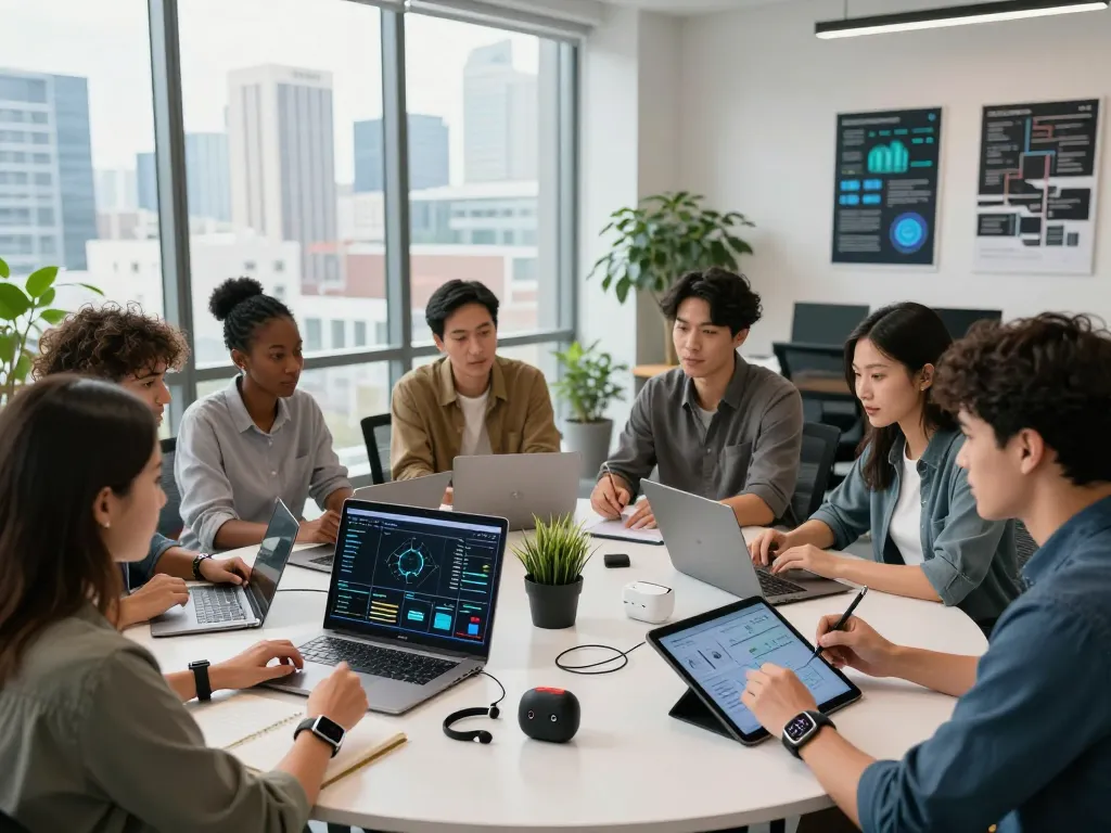 Collaboration scene featuring top 10 tech gadgets 2044 in a modern workspace with diverse professionals discussing innovative technology.