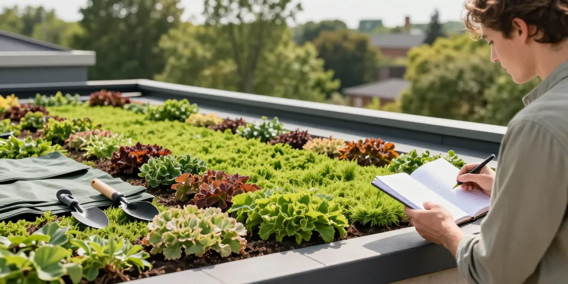 Huiseigenaar inspecteert een sedumdak dakbedekking met kleurrijke planten en tuingereedschap.