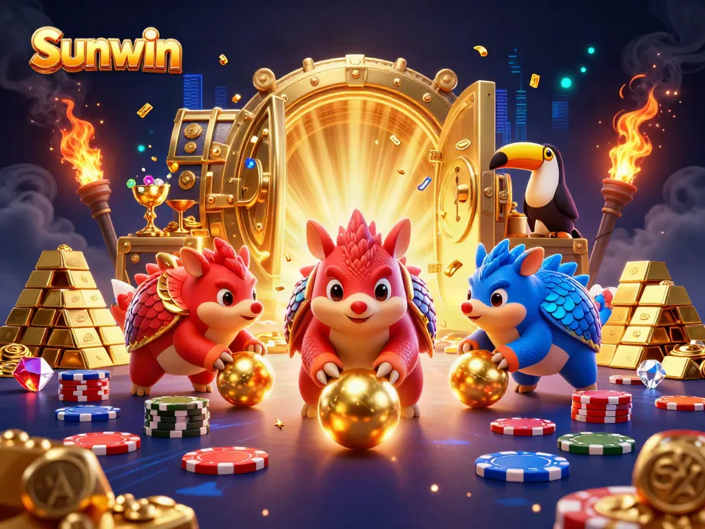 Sunwin pangolins bowling through poker chips with treasure elements, a vibrant and dynamic casino scene.