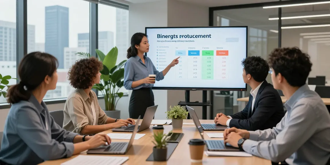 Team collaborating in a modern office discussing big six energy suppliers and pricing, with a digital presentation in focus.