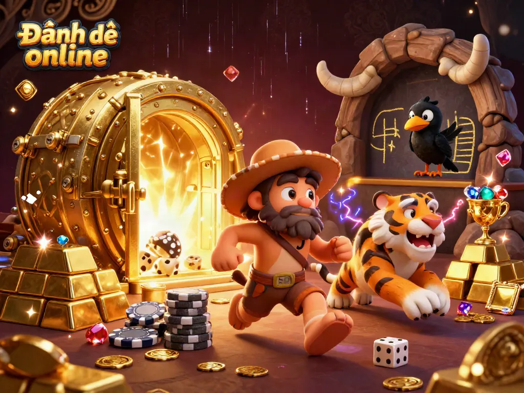 Experience Đánh đề online with a lively prehistoric casino featuring cartoon characters and sparkling treasures.
