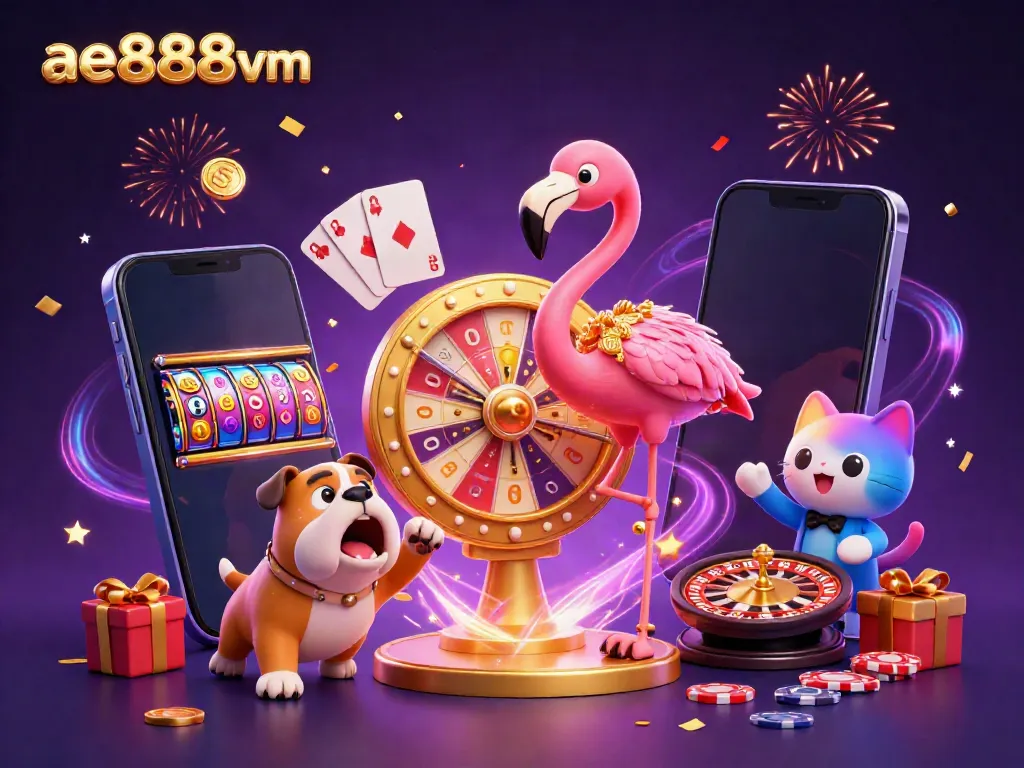 Spin the prize wheel with ae888vm in this vibrant casino-themed 3D illustration featuring a flamingo host.