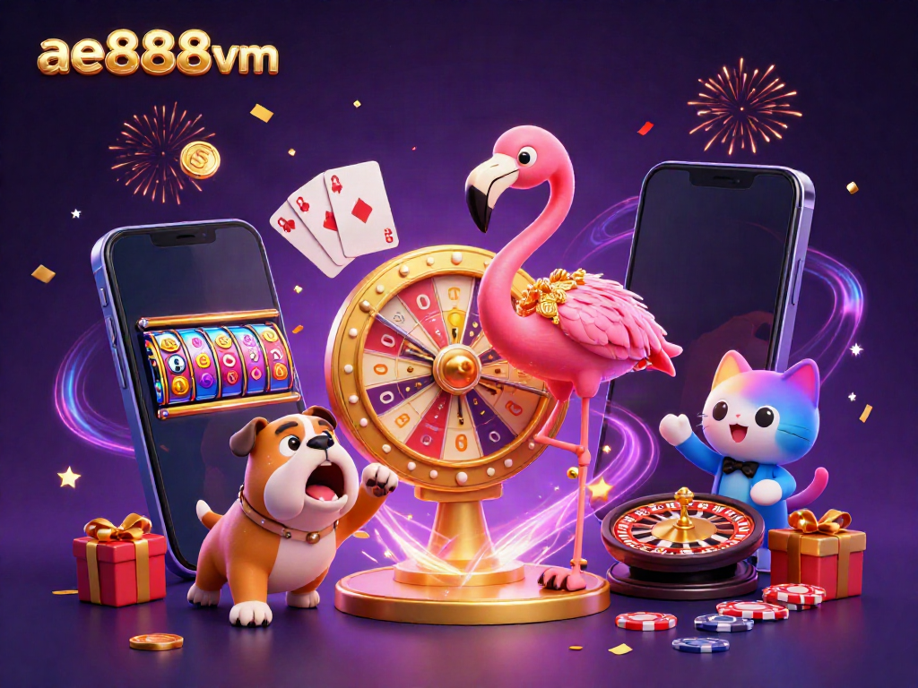 Spin the prize wheel with ae888vm in this vibrant casino-themed 3D illustration featuring a flamingo host.