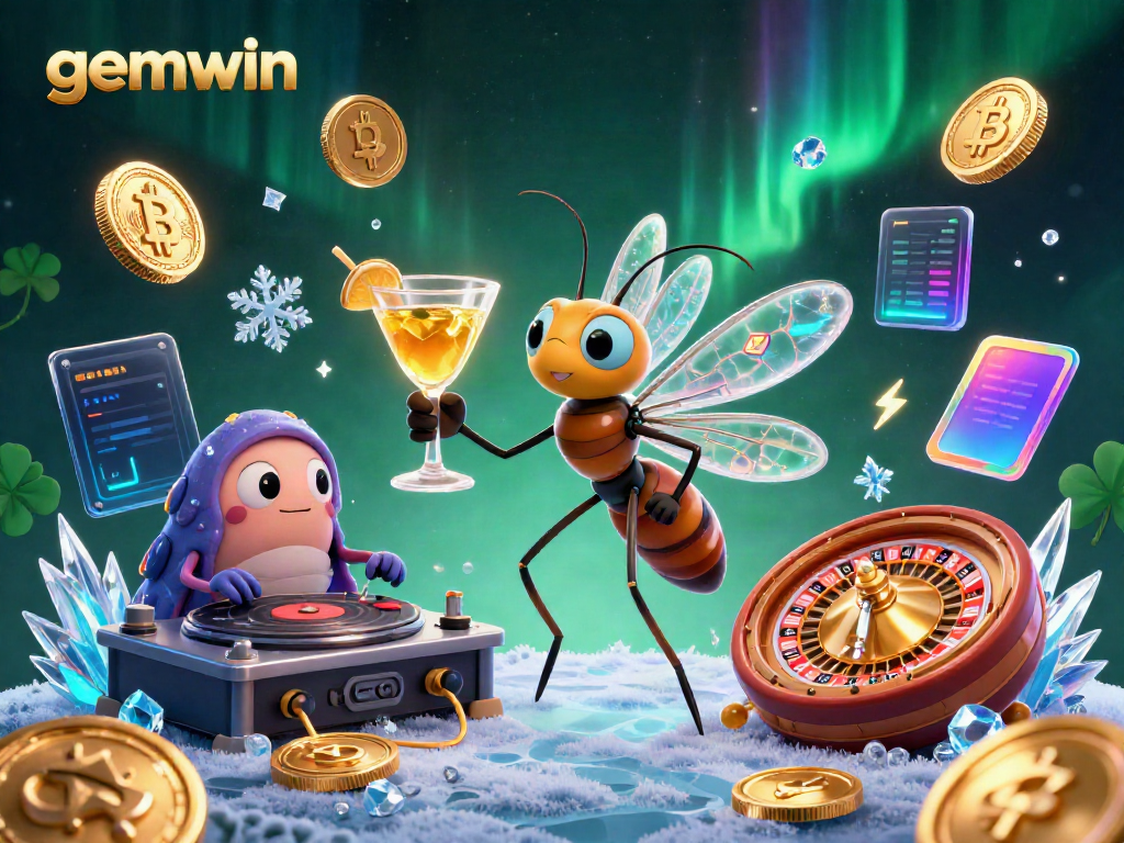 Engaging casino scene featuring gemwin mascot with crypto coins, a lively atmosphere, and vibrant visuals.