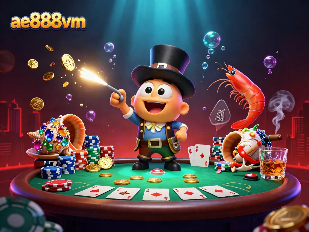 Engage with ae888vm's captivating deep-sea casino scene, featuring a playful anglerfish, shrimp, and gem-encrusted snail.