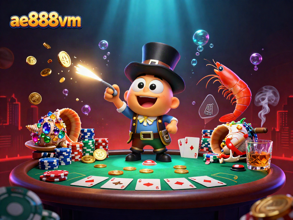 Engage with ae888vm's captivating deep-sea casino scene, featuring a playful anglerfish, shrimp, and gem-encrusted snail.