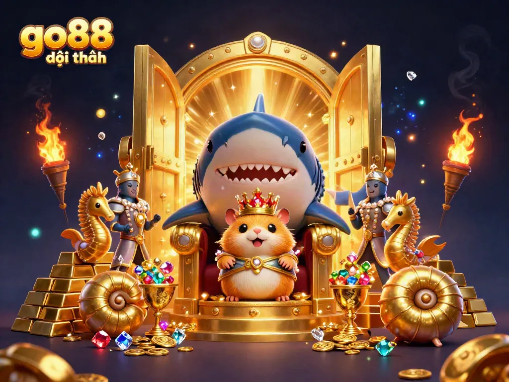 Experience the excitement of go88 đổi thưởng with vibrant treasures surrounding the hamster king and his royal guards.