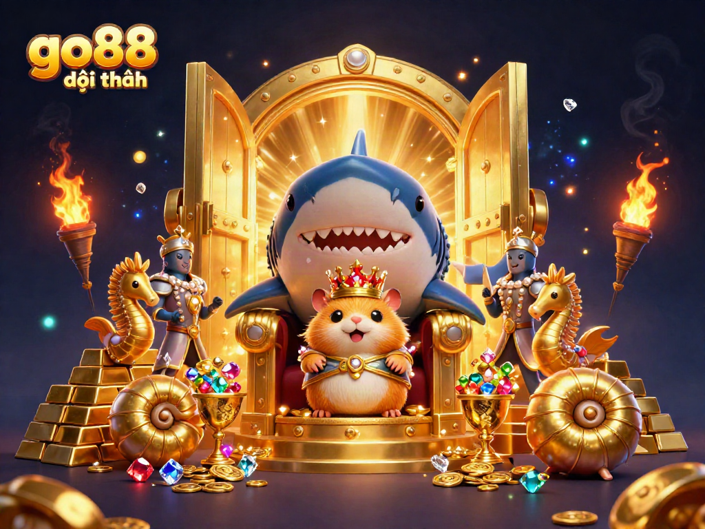 Experience the excitement of go88 đổi thưởng with vibrant treasures surrounding the hamster king and his royal guards.