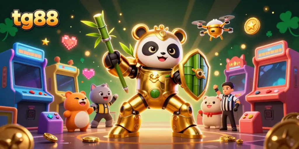 Experience thrilling gaming action with tg 88 showcasing a golden panda in a mech-suit battling in a vibrant casino arena.