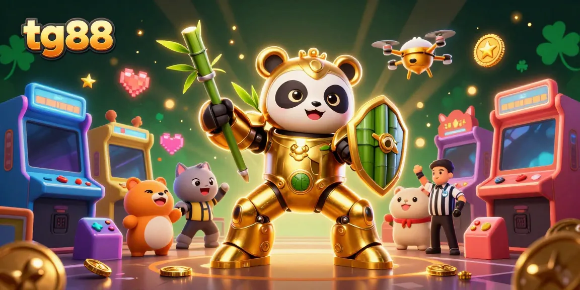 Experience thrilling gaming action with tg 88 showcasing a golden panda in a mech-suit battling in a vibrant casino arena.