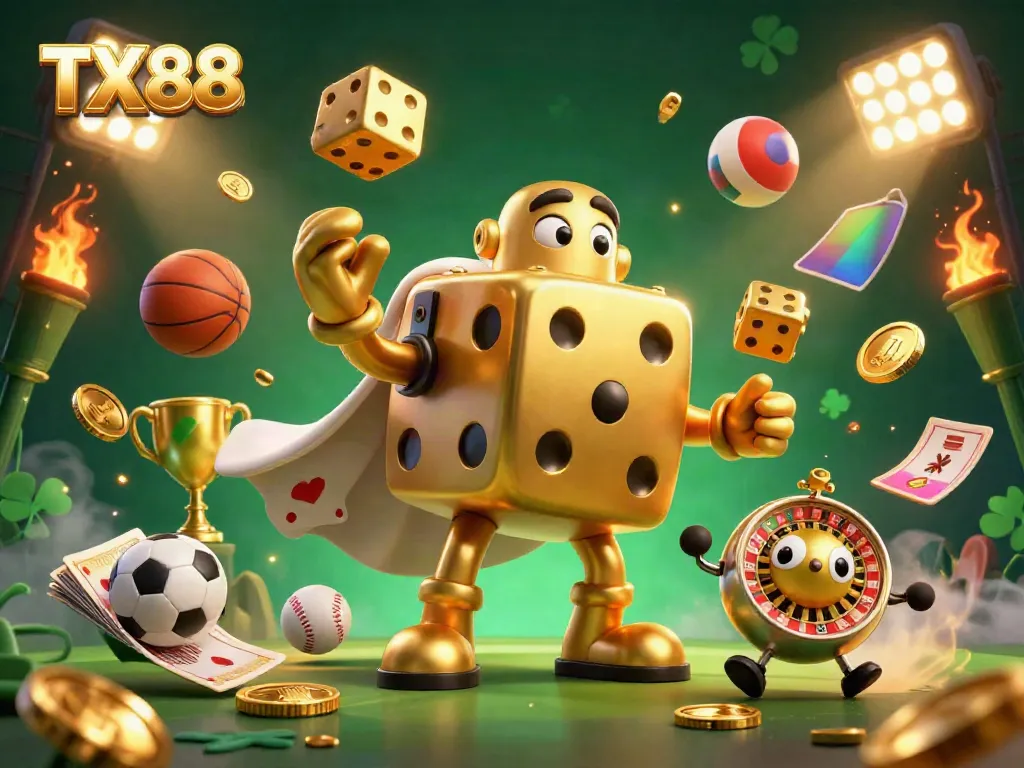 Engage in thrilling action with TX88, featuring dynamic characters juggling dice and sports elements.