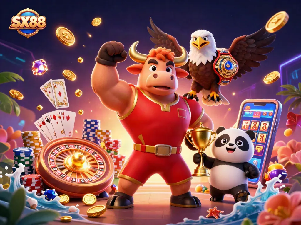 SX88 mascot trio celebrating wins with coins, roulette, and poker chips in vibrant casino scene.