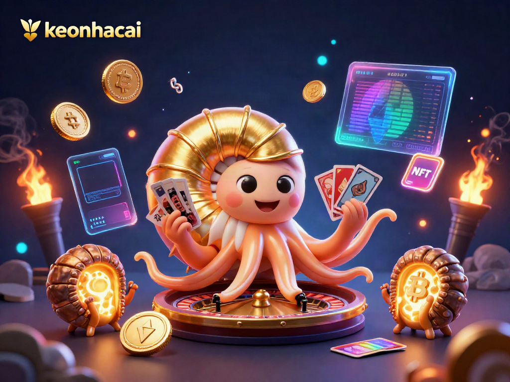 Experience the excitement at keonhacai, where a giant nautilus roulette wheel features illuminated Bitcoin and Ethereum coins.