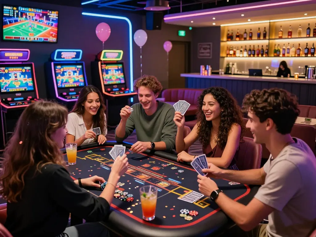 Group cheering and celebrating at MM88 casino gaming table filled with excitement and vibrant decor.