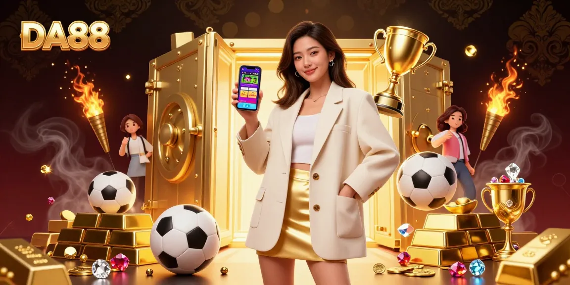 Bet on DA88 with a dynamic Asian woman showcasing a sports betting app in a lavish casino setting.