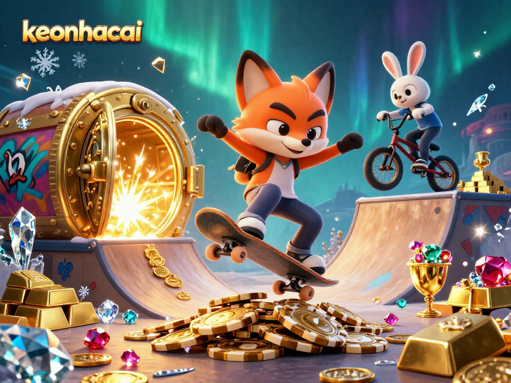 Experience the excitement of keonhacai with a vibrant 3D illustration of gaming characters and treasure elements.