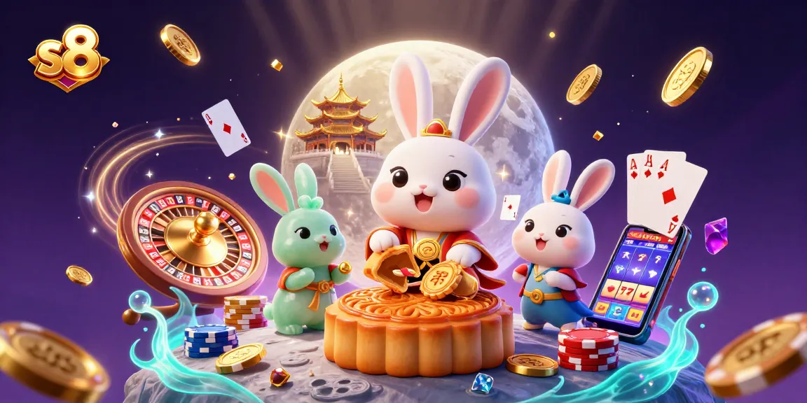 S8 platform showcases animated moon rabbit and treasures in a vibrant casino scene.