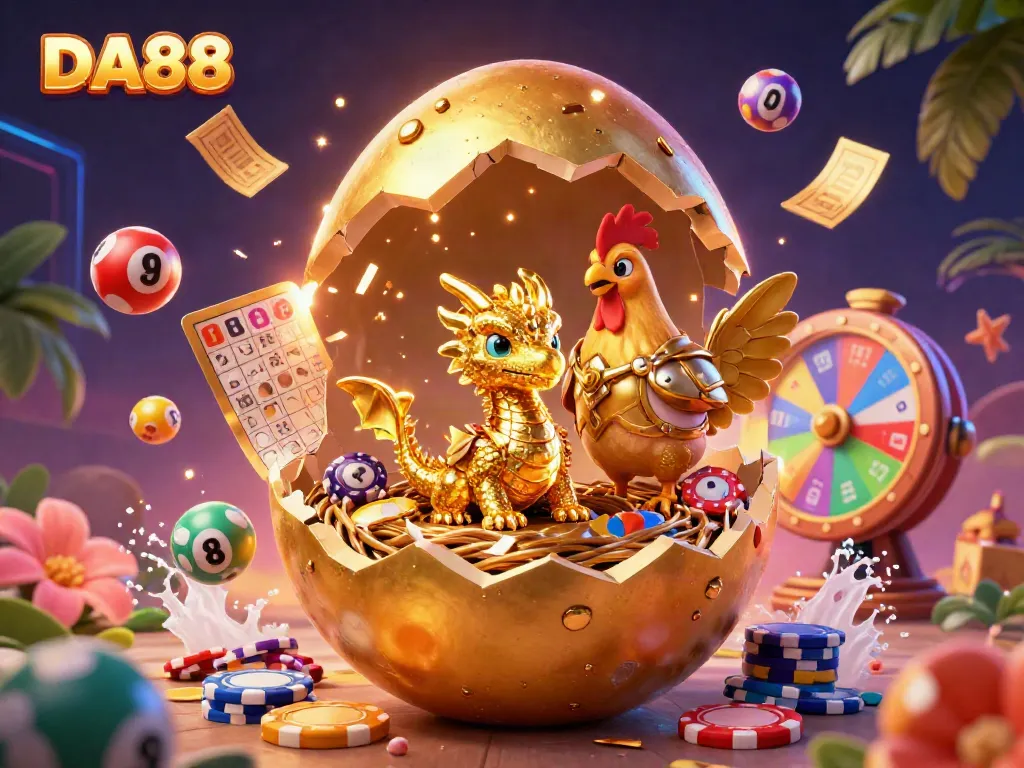 Experience the DA88 online casino vibe with a golden dragon and vibrant lottery elements.