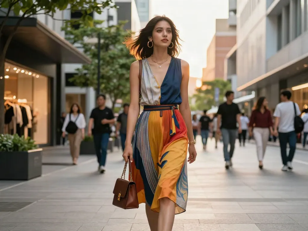 Een stijlvolle vrouw in een trendy jurk winkelt online kleding in een bruisende stad.