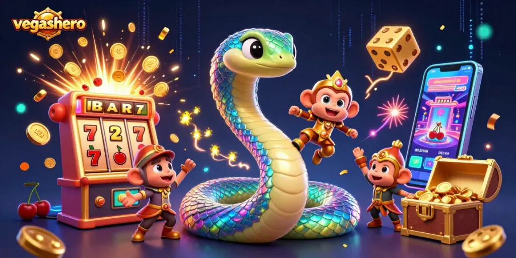 Experience excitement at VegasHero with a vibrant casino scene featuring jackpot-winning symbols and dynamic game elements.