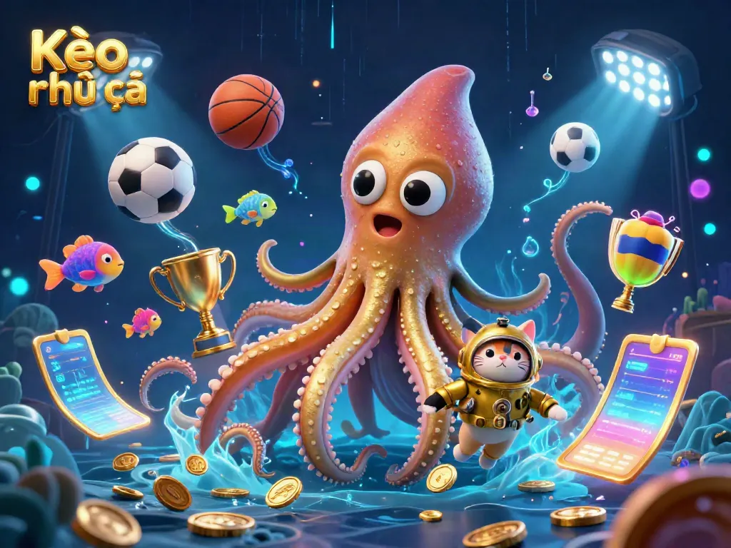 Betting on sports with Kèo nhà cái, featuring dynamic 3D elements like trophy, sports balls, and glowing betting slips.