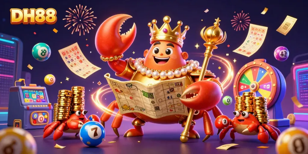 Experience the excitement of DH88 with the golden crab emperor presiding over a dynamic casino scene filled with lottery elements.