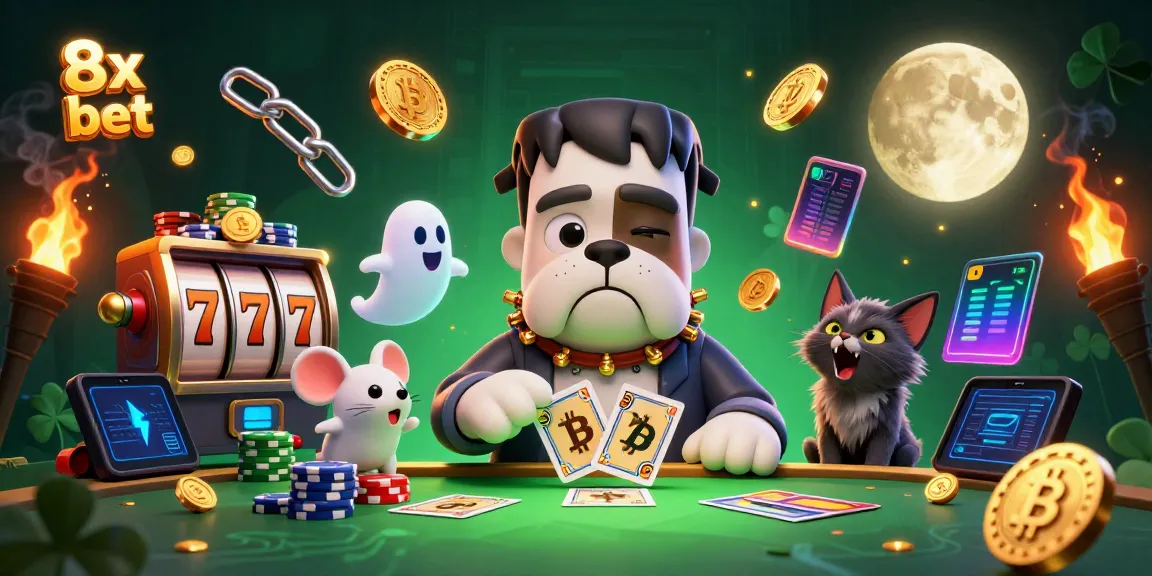 Engage in thrilling games with 8x bet, featuring a monster dealer and vibrant casino elements.