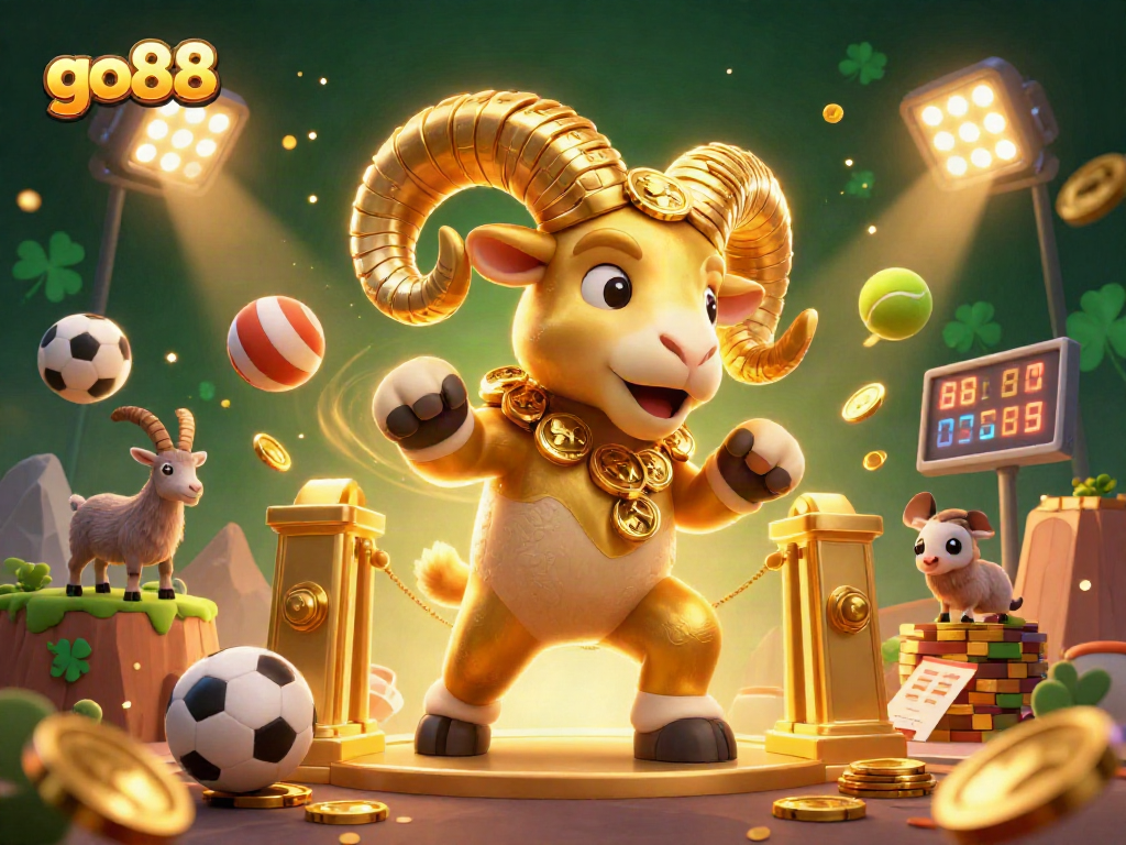 Join the action at go88 with a golden ram powering through a casino scene filled with excitement.