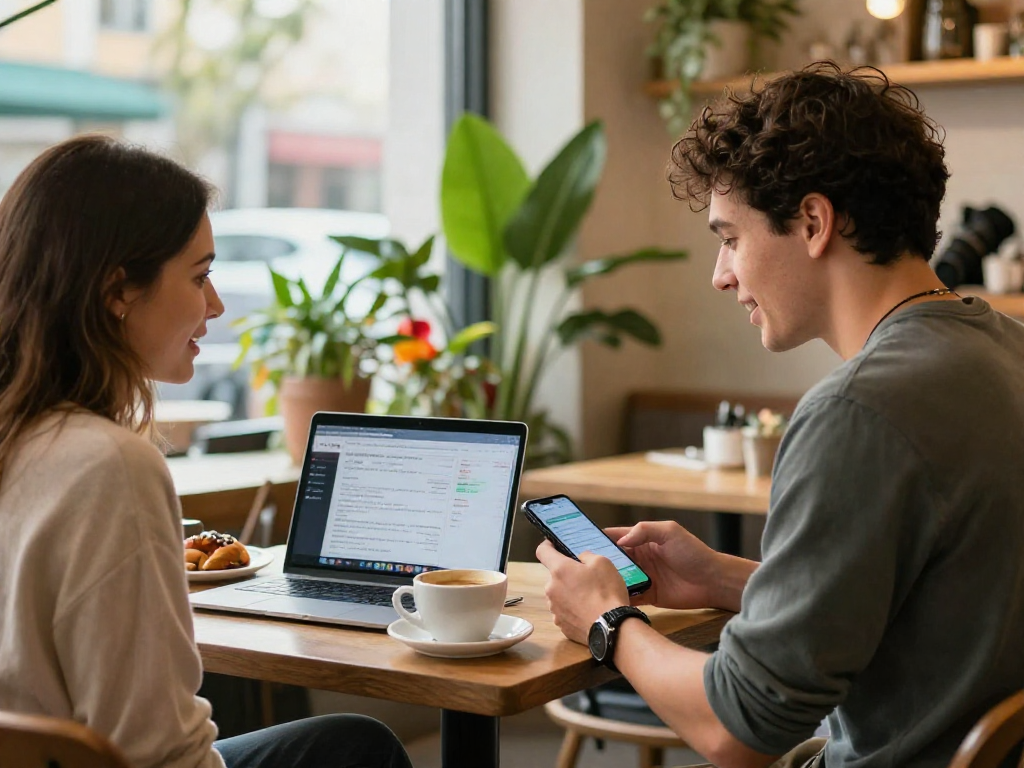 Couple engaging in lively conversation while exploring profiles on f168.dating in a cozy café.
