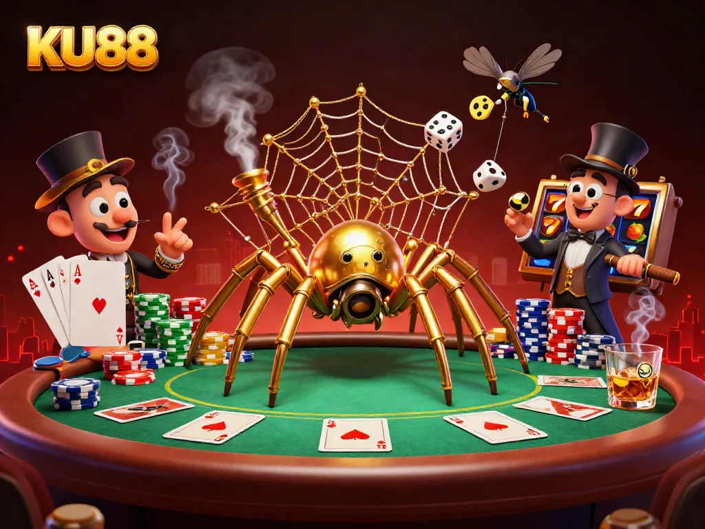 Experience the excitement of KU88 with a vibrant 3D illustration capturing a golden spider and amused fly in a dynamic casino scene.