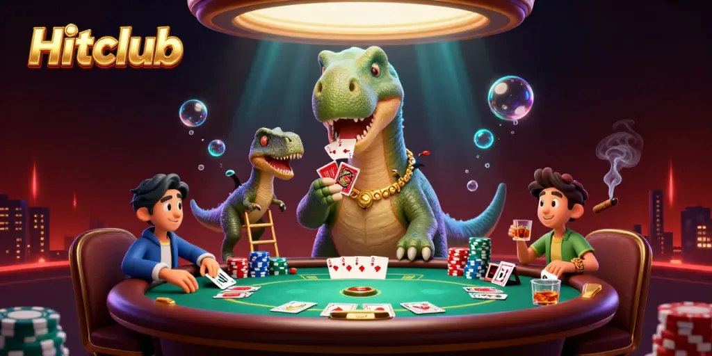 Engage in exciting poker action with Hitclub's dynamic casino illustration featuring a brontosaurus dealer.