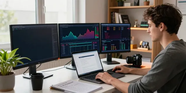 Engaged trader using the Internet Money wallet in a modern office