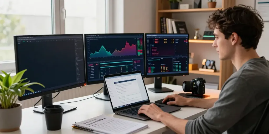 Engaged trader using the Internet Money wallet in a modern office
