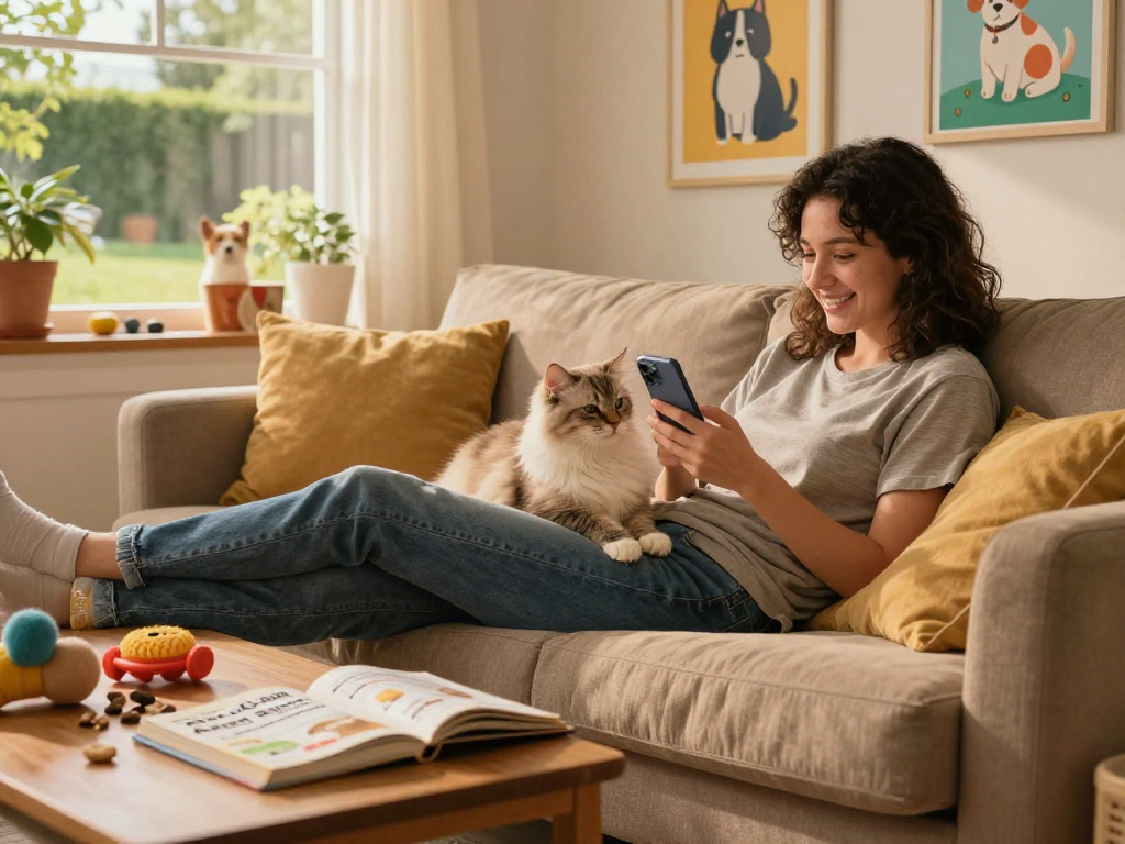Cozy pet owner sharing tips on ROKOK88 with a cat in a warm living room.