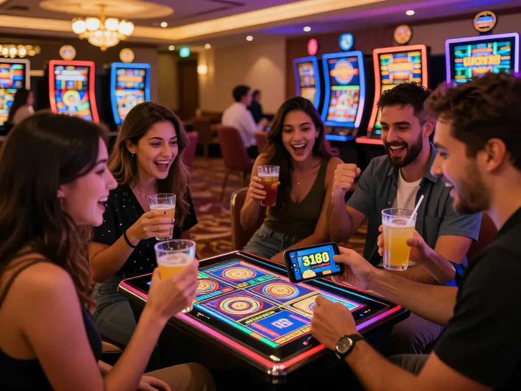 Engaging group enjoying the App Lucky88 on a smartphone in a vibrant casino setting.