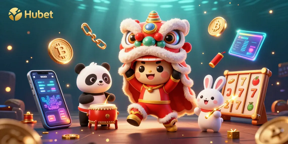 Engage with Hubet's colorful gaming scene featuring a lively lion dance amidst neon crypto coins and slot symbols.