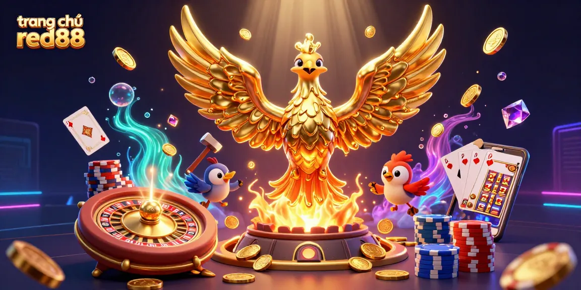Experience the vibrant world of gaming at trang chủ red88, featuring a stunning golden phoenix and dynamic casino elements.
