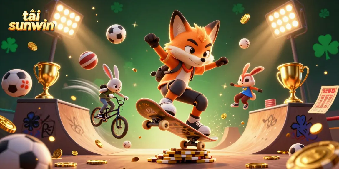 Experience thrilling action as you tải sunwin with a dynamic 3D illustration of a skateboarder fox and BMX rabbit in a vibrant casino scene.