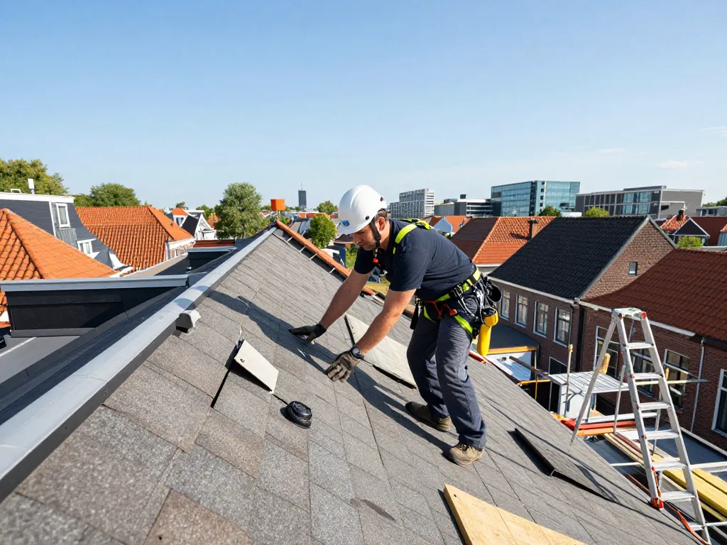 Dakdekker inspecteert een hellend dak op daklekkage in Den Haag in een stedelijke omgeving met gereedschap en veiligheidsuitrusting.