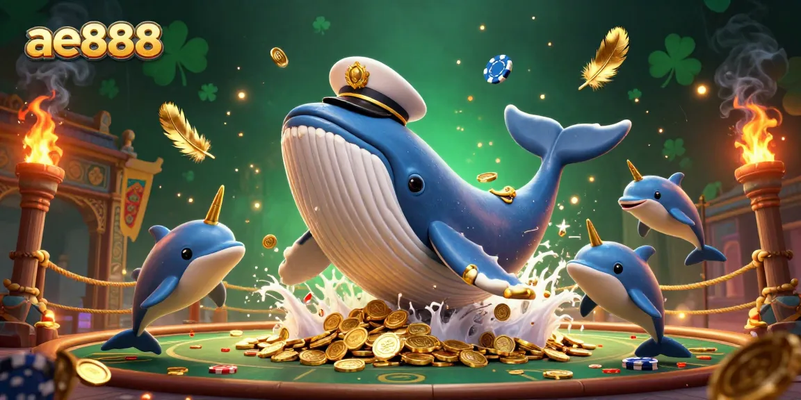 Engage in thrilling bets with ae888, as a cartoon whale overshadows coins while dolphins play poker.