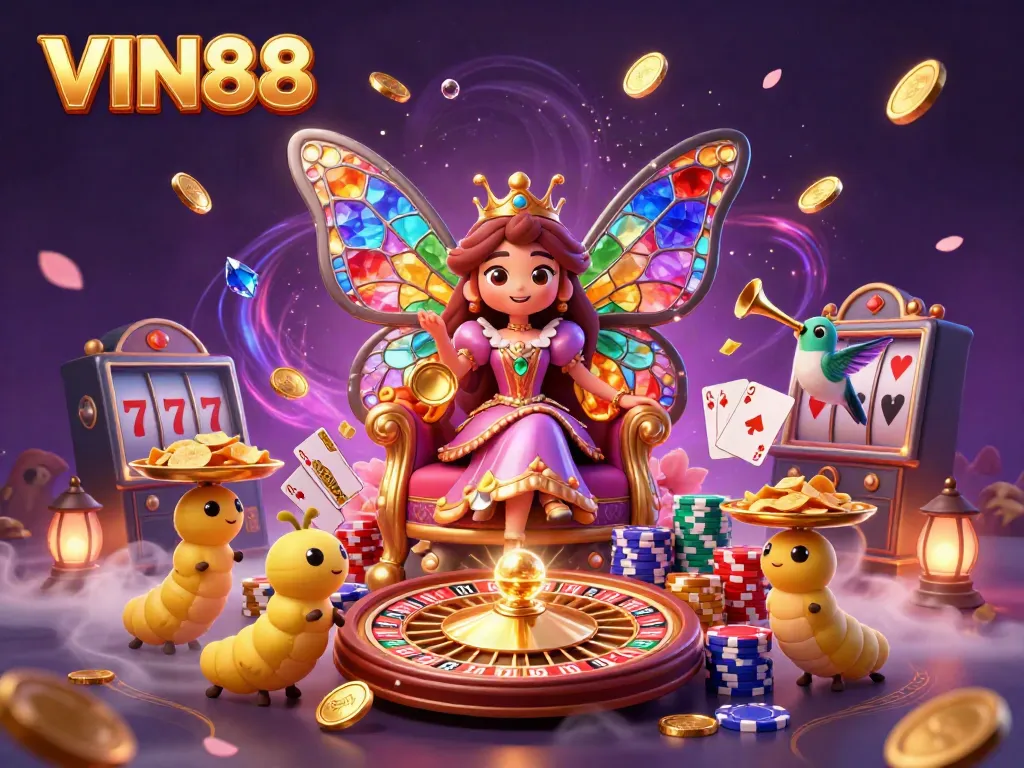 Experience the thrill of VIN88 with a vibrant 3D illustration featuring a butterfly queen amid sparkling casino games and rich treasures.