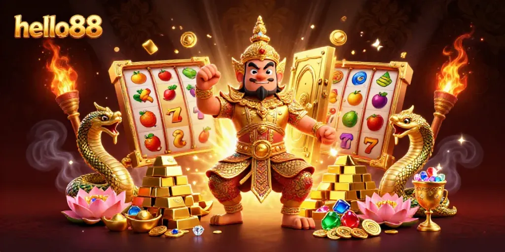 Experience thrilling slots action with the colorful and energetic hello88 illustration showcasing a Thai guardian and golden treasures.