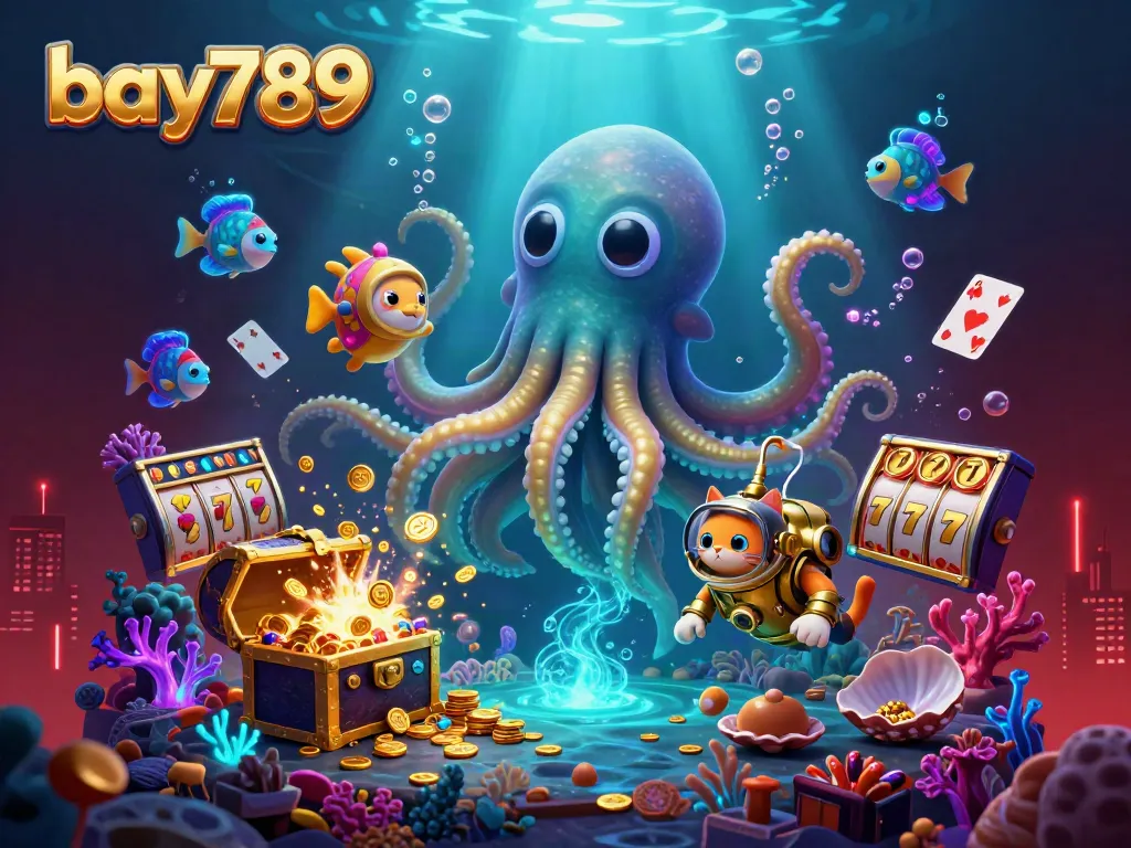 Win big with bay789's engaging gaming scene featuring a kraken and diving cat!